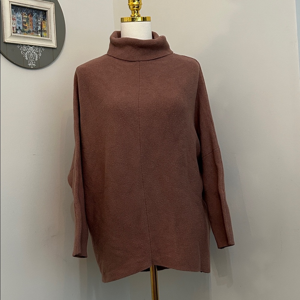 Oversized Brown Sweater Tunic Turtleneck Ribbed Texture Drop Shoulder Size XL - Picture 5 of 8